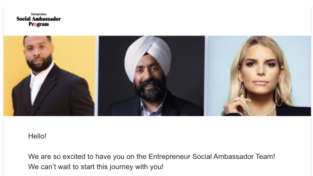 Two men and a woman in a black background with the Entrepreneur Social Ambassador Team logo. 